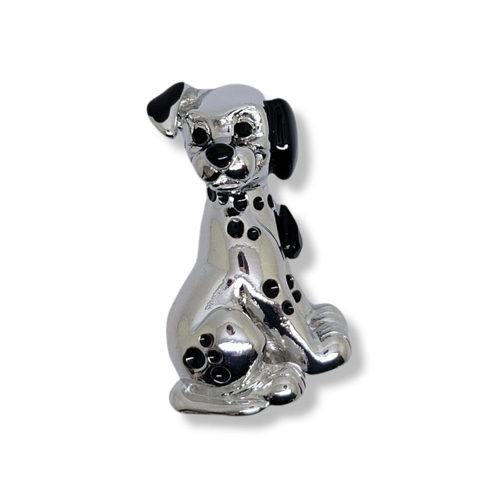 Shiny High Polished Silvertone Black Enamel Crystal Spotted Dog Brooch
